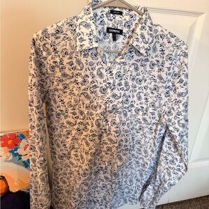 Express Men's White Button-Up Shirt with Blue Paisley Print